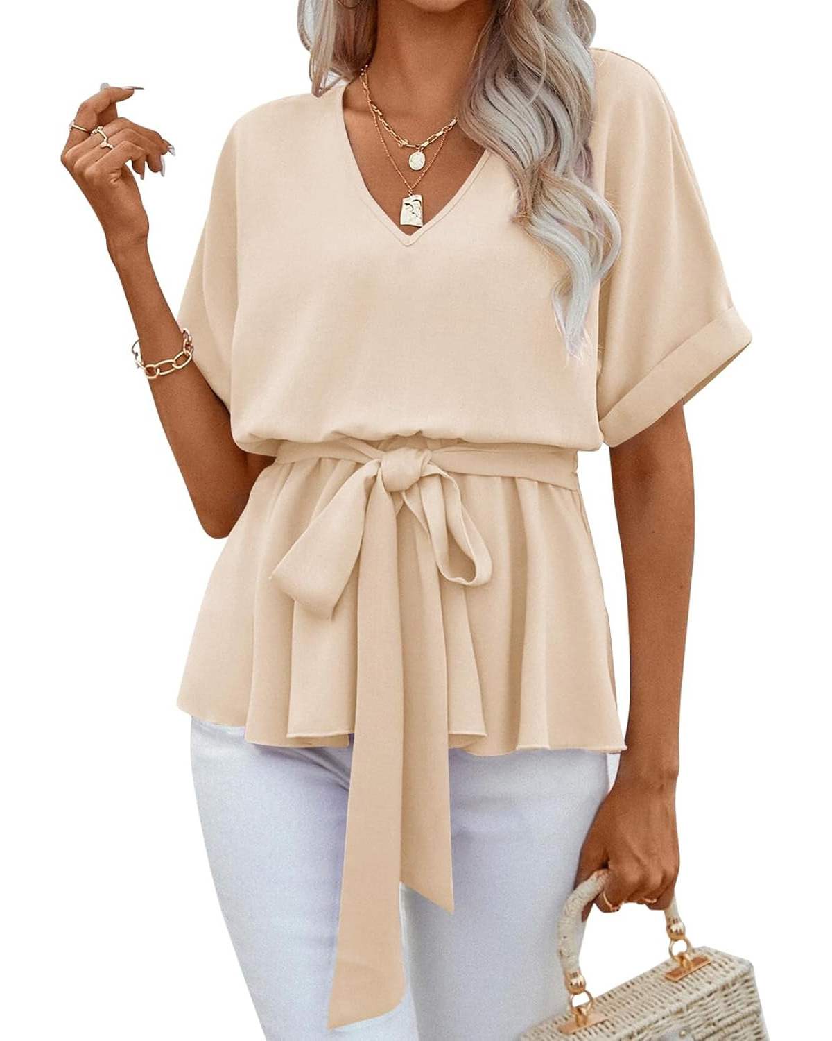 Women's V Neck Belted Ruffle Short Sleeve Blouse Casual T-Shirts