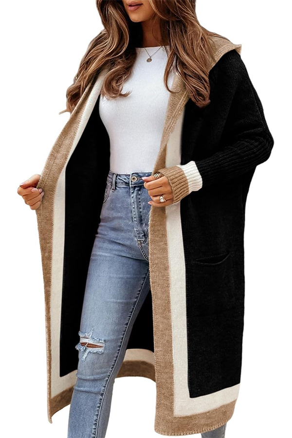 HOT SALE Women's Color Block Striped Open Front Hooded Long Cardigan