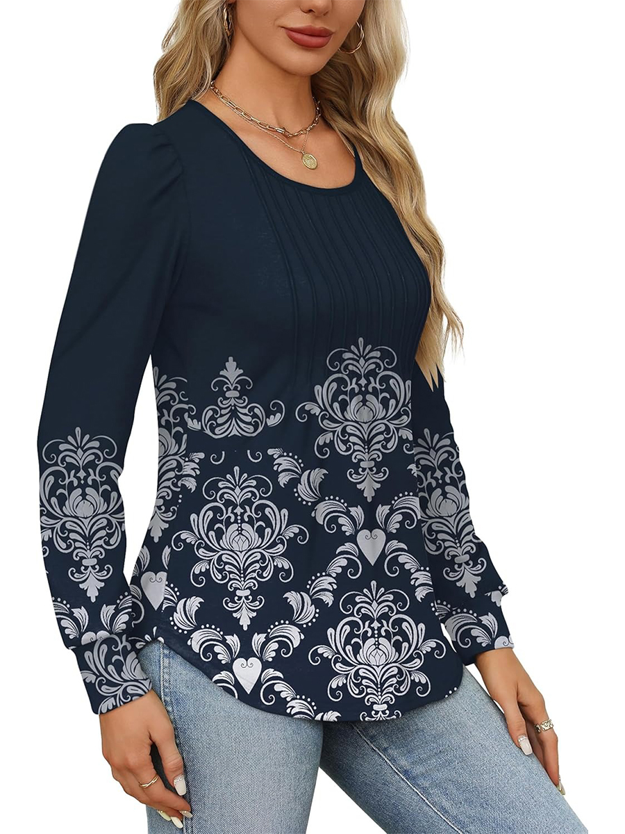 Women's Printed Long Sleeve Pleated Front Tunic Tops