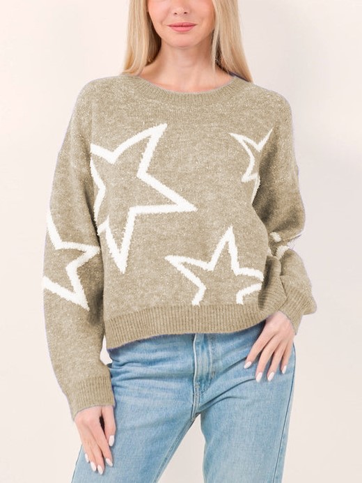 Star Pattern Contrast Long Sleeve Pullover Sweater