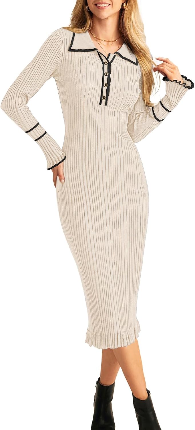 Women's Contrast Color Button Knit Fitted Long Sleeve Sweater Dress
