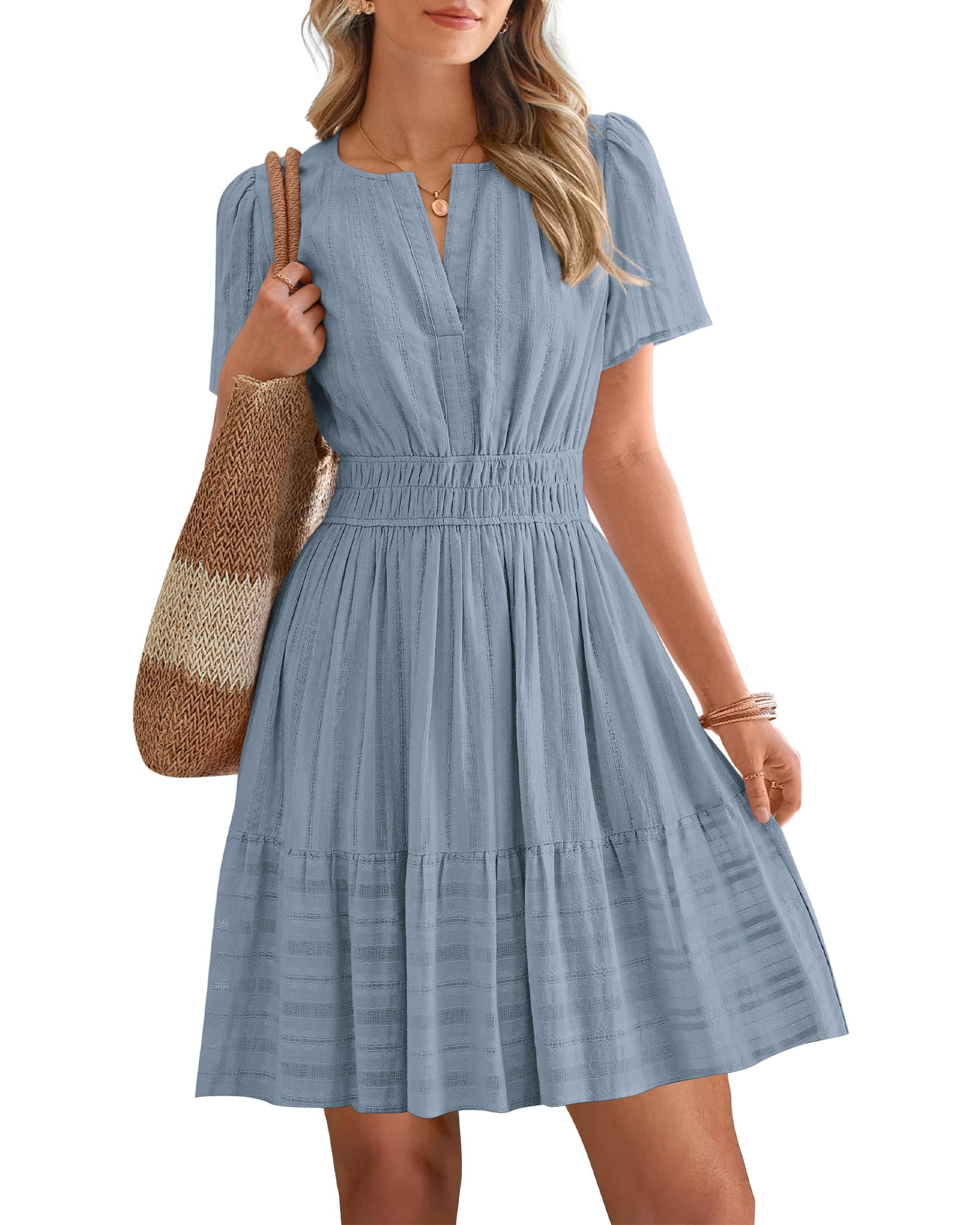 Women's Lightweight Short Sleeve V Neck Elastic Waist Mini Dress