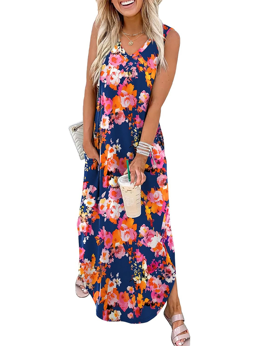 Women's Summer Boho Print V Neck Split Tank Long Dress with Pockets