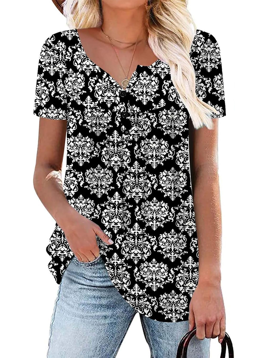 Women's Printed Botton Down Pleated Short Sleeve Shirts Tunic Tops