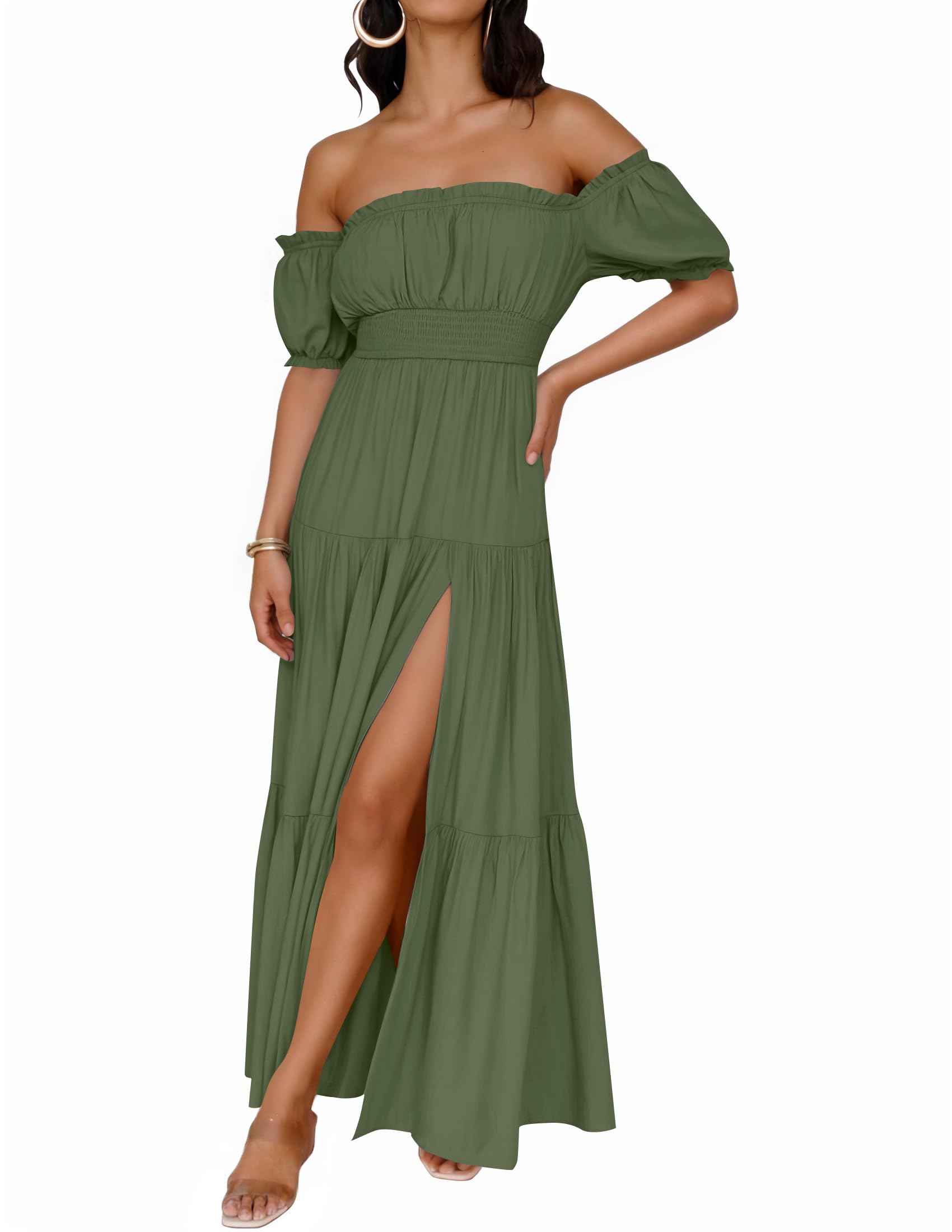 Women's Boho Sexy Off Shoulder Short Sleeve Smocked Flowy Dress