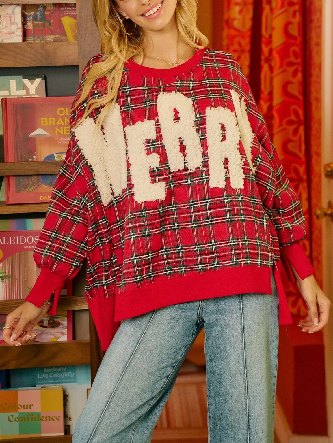 "Merry"  Fuzzy Letter Patches Christmas Plaid Sweatshirt