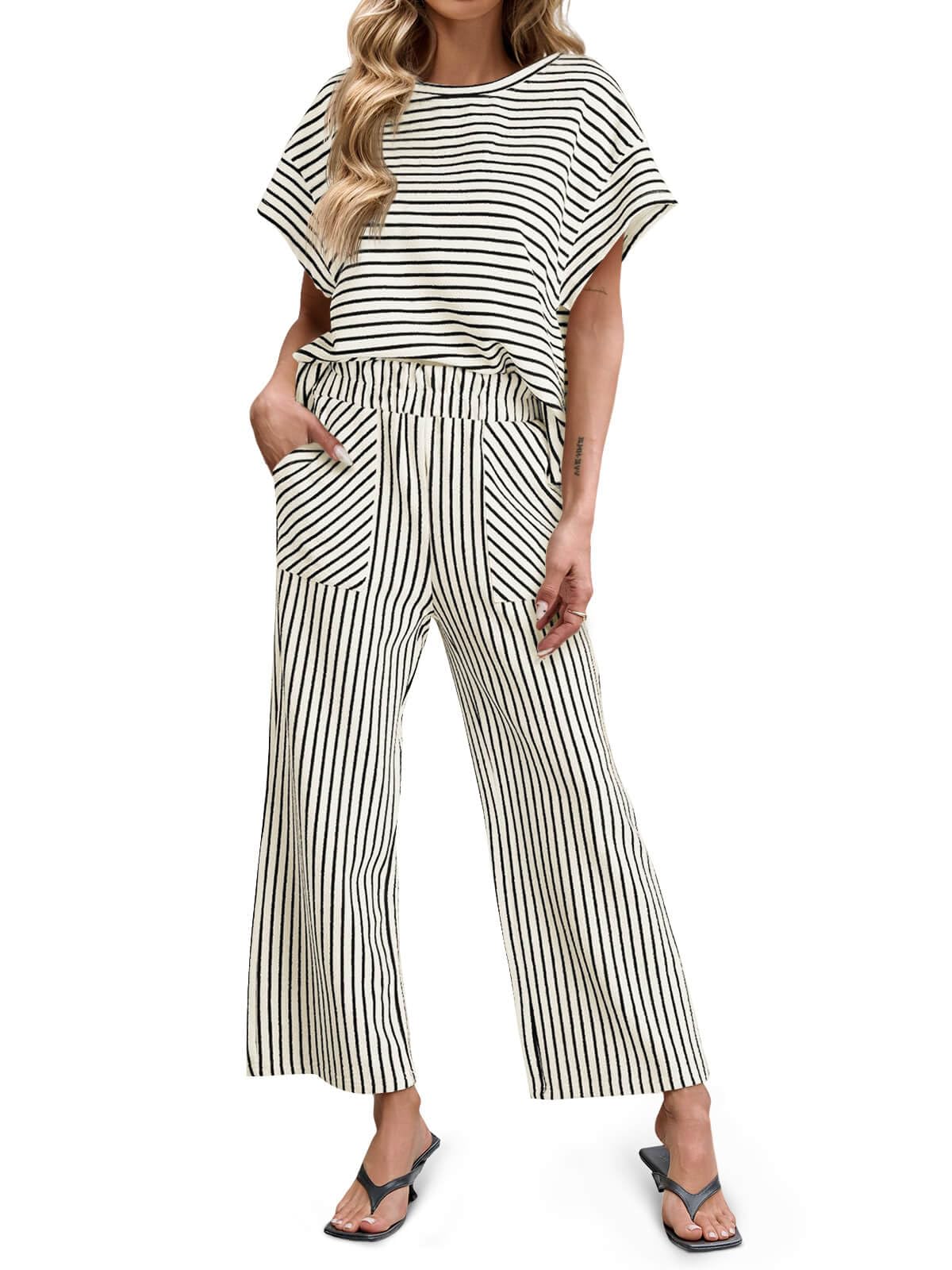 Women's Striped Short Sleeve Wide Leg Pants 2 Piece Sets with Pockets