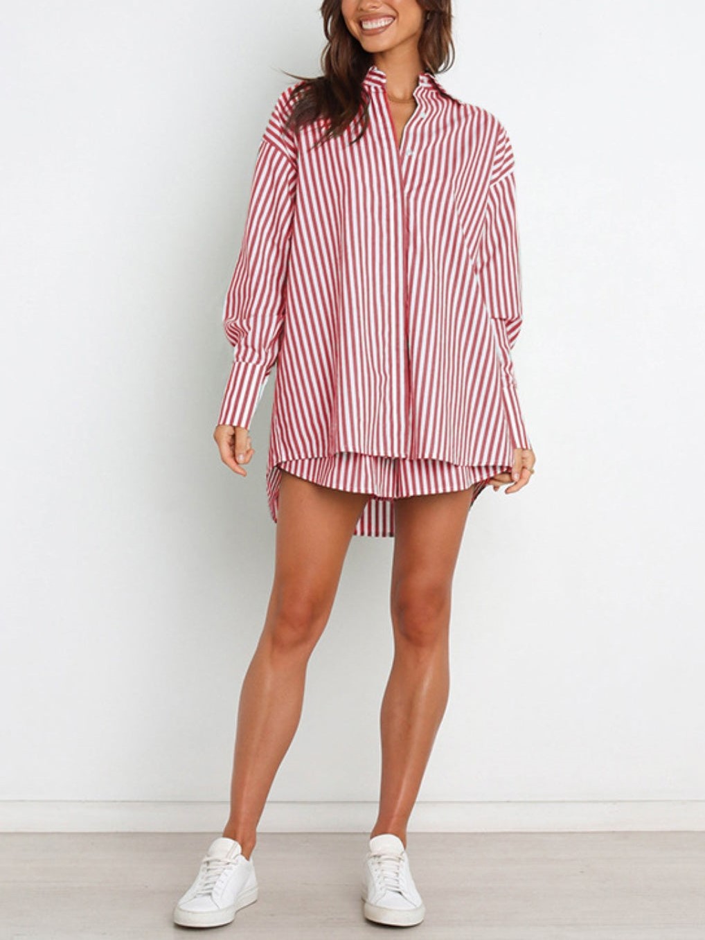HOT SALE Striped Dropped Shoulder Shirt and Shorts Set