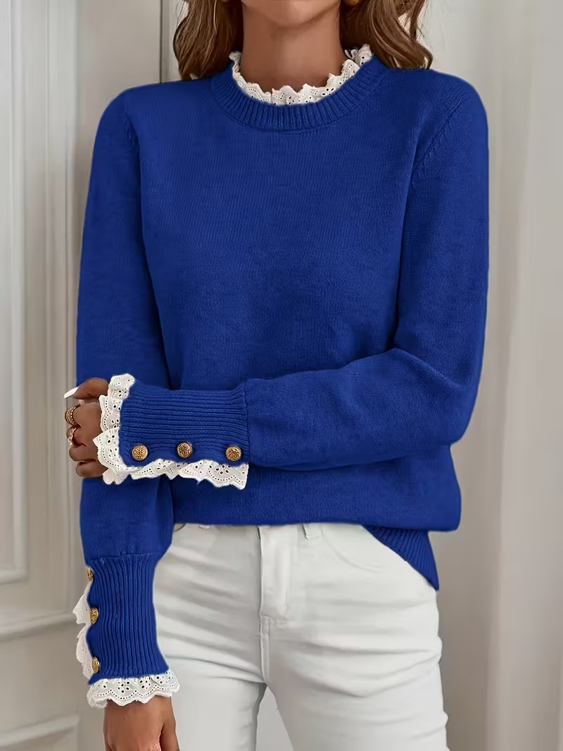 Women's Long Sleeve Knitted Button Lace Trim Sweater