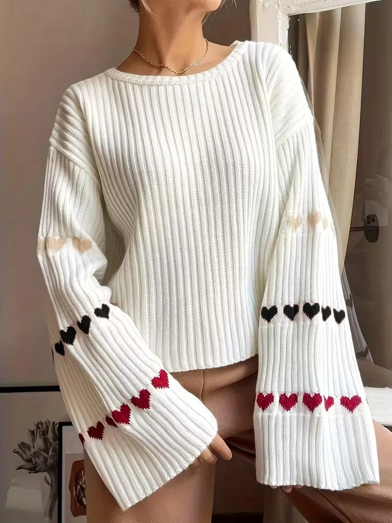 Women's Heart-Shaped Bell Sleeve Knitted Sweater