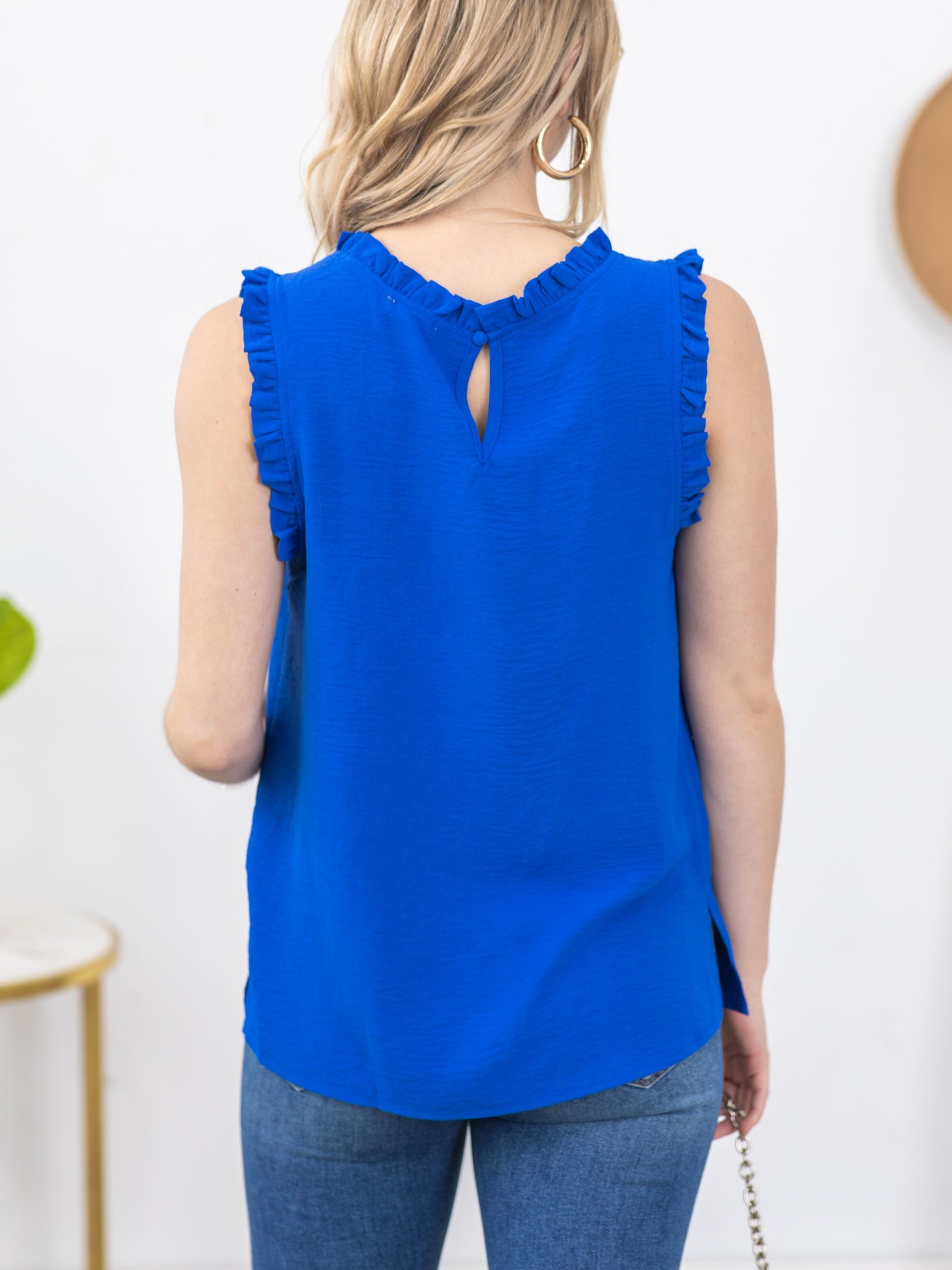 Solid Mock Neck With Ruffle Woven Top