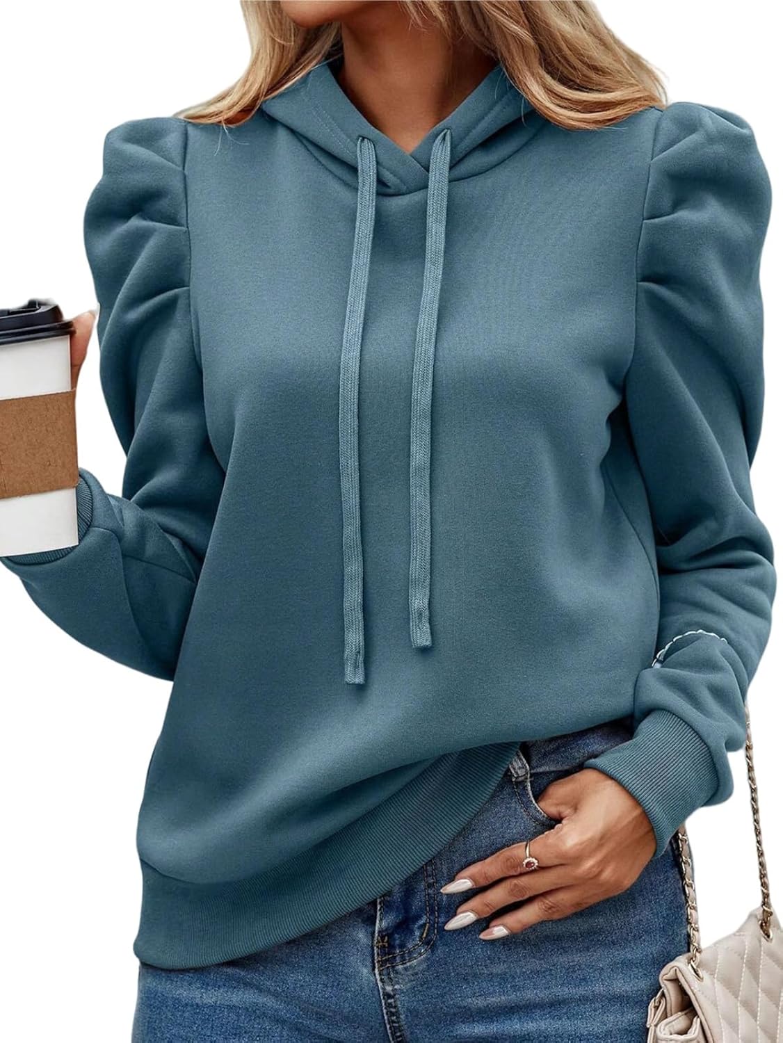 Women's Puff Sleeve Drawstring Casual Hoodie