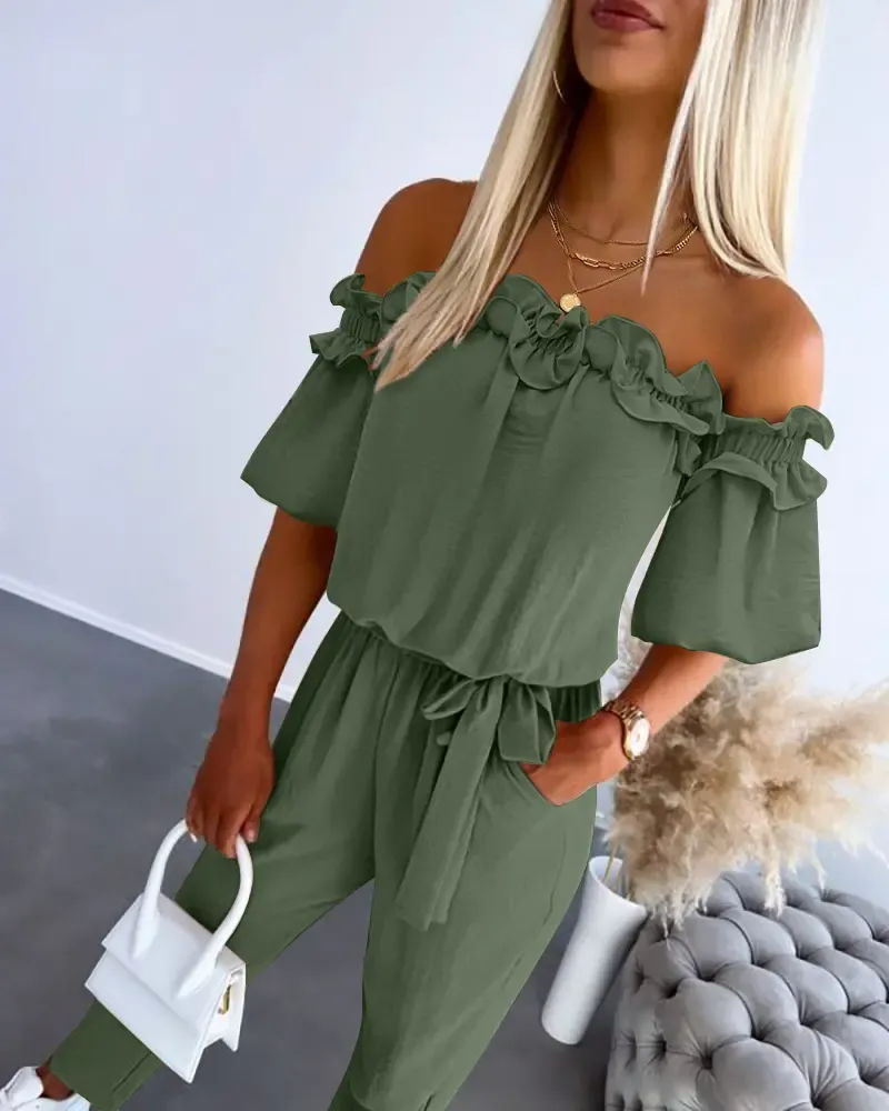HOT SALE Women's Off Shoulder Frill Hem Tied Detail Jumpsuit