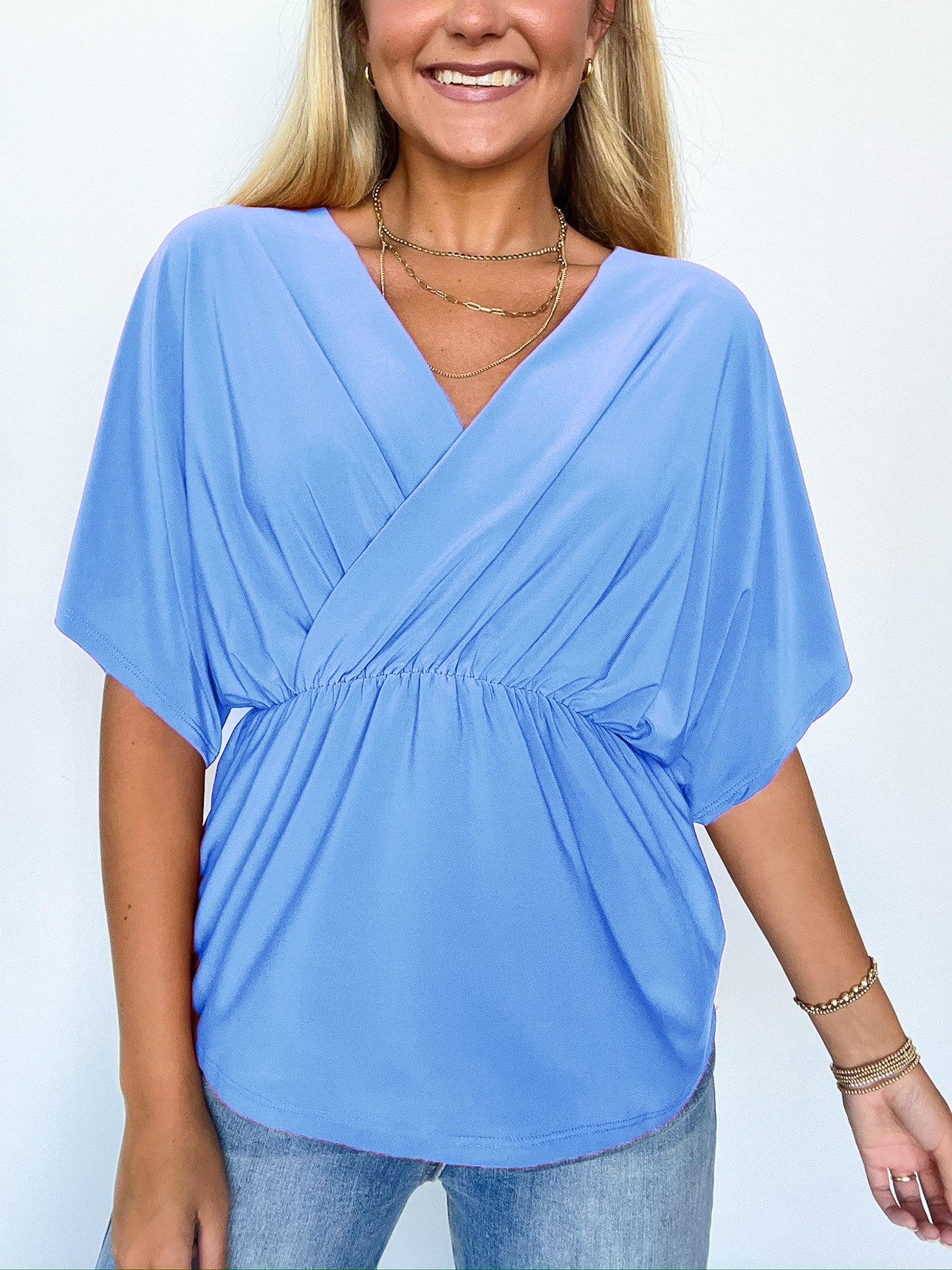 HOT SALE V Neck Solid Surplice Flowy Tunic Top