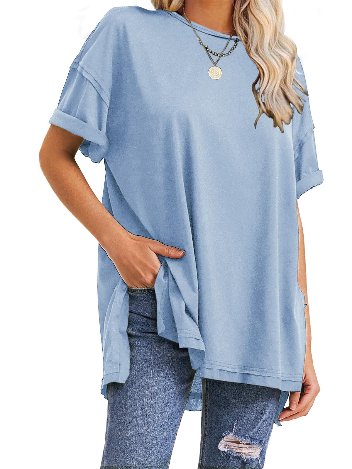 HOT SALE Oversized Crewneck Loose Side Slit Plus T-shirts