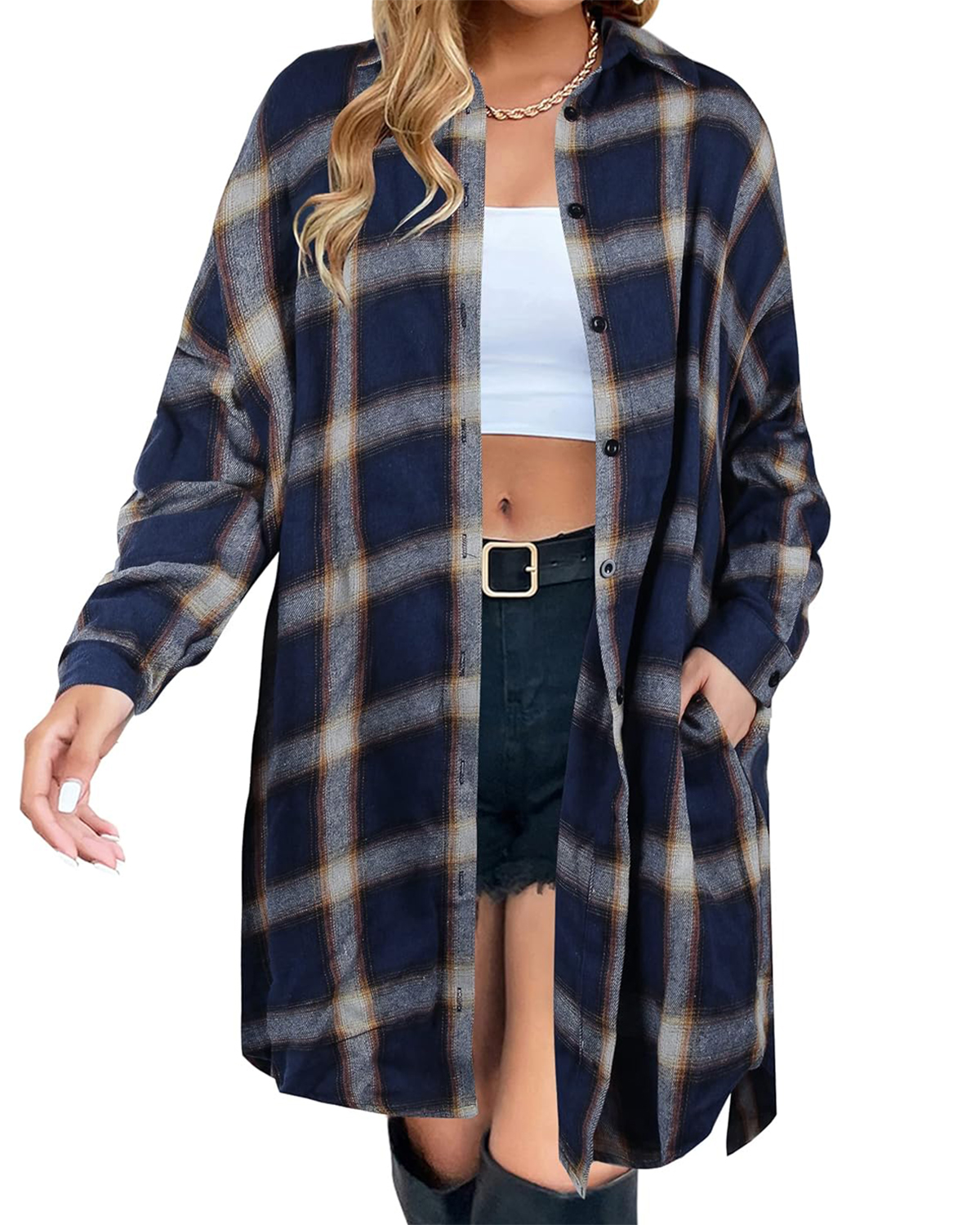 2024 Womens Long Shirts Plaid Knee Length Cardigan Lightweight Loose Button Cardigans