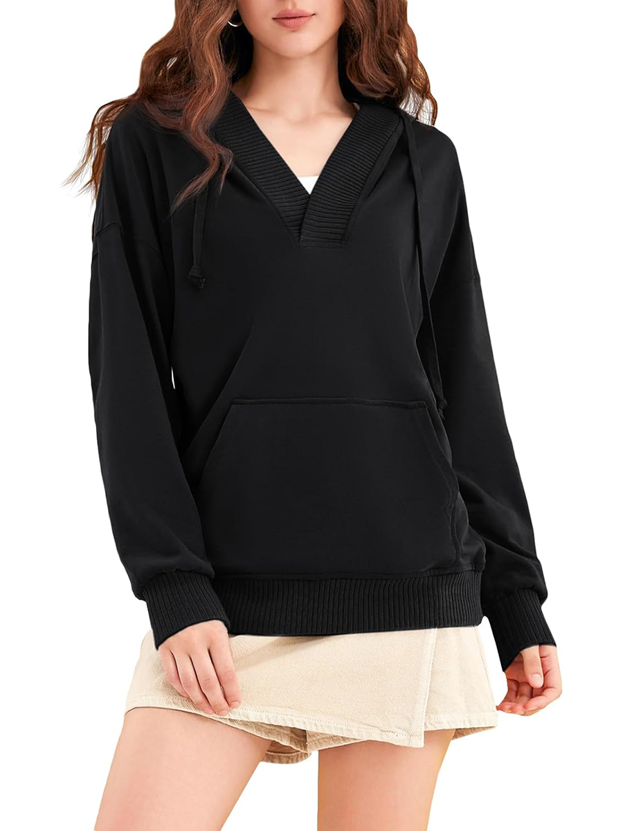 Women‘’s Casual Oversized V Neck Drawsting Hooded Sweatshirts