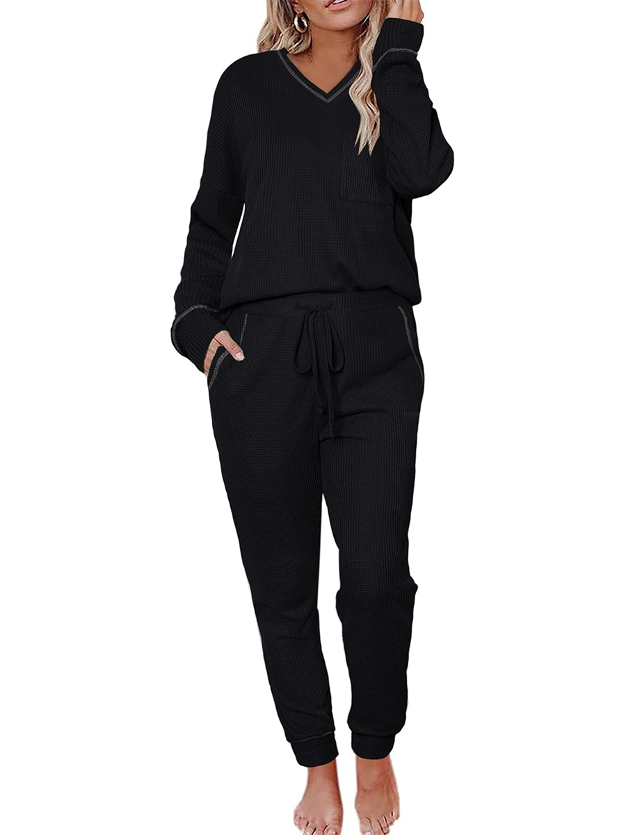 Women's V Neck Waffle Knit Sleepwear Top and Pant Lounge Sets