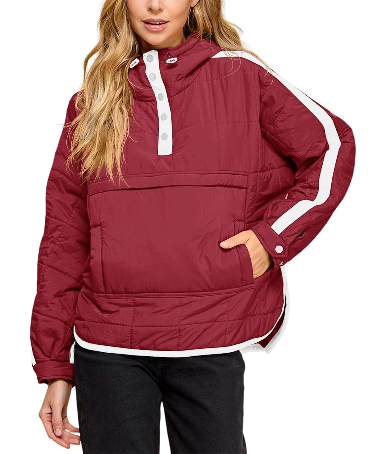 Women's Puffer Quilted Color Block Puffy Pocket Hoodie Jacket