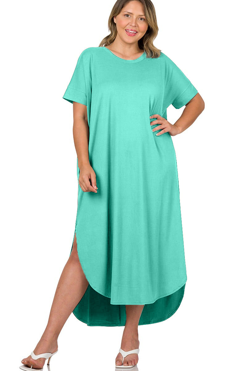 HOT SALE Round Neck Short Sleeve Side Slits Maxi Dress (Buy 2 Free Shipping)