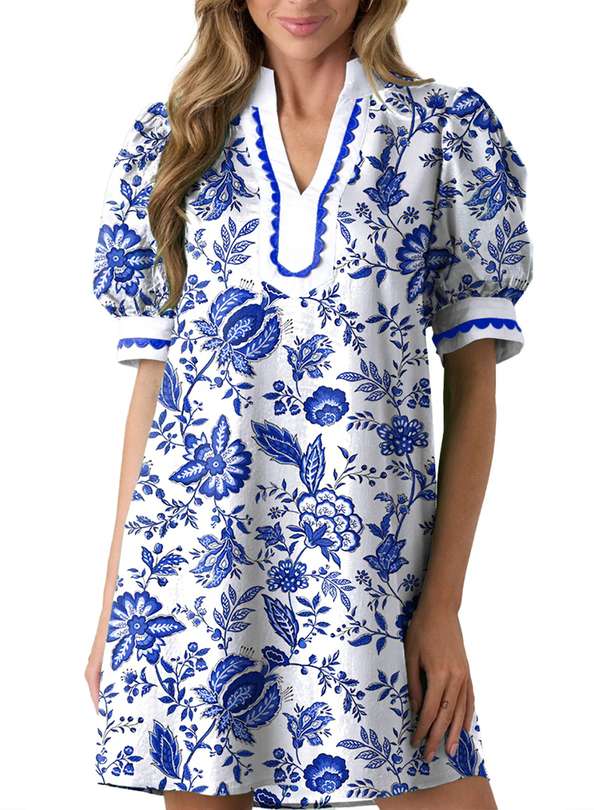 Women's Floral Print V Neck Ricrac Trim Puff Sleeve Dress