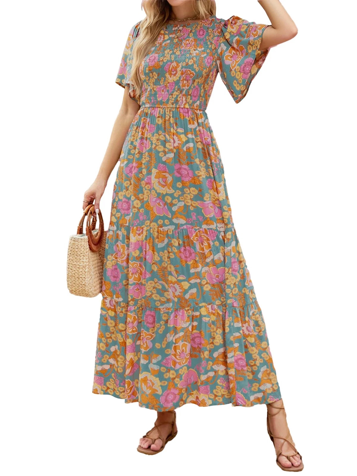 Women's Casual Floral Print Short Flutter Sleeve Smocked High Waist Flowy Maxi Dress
