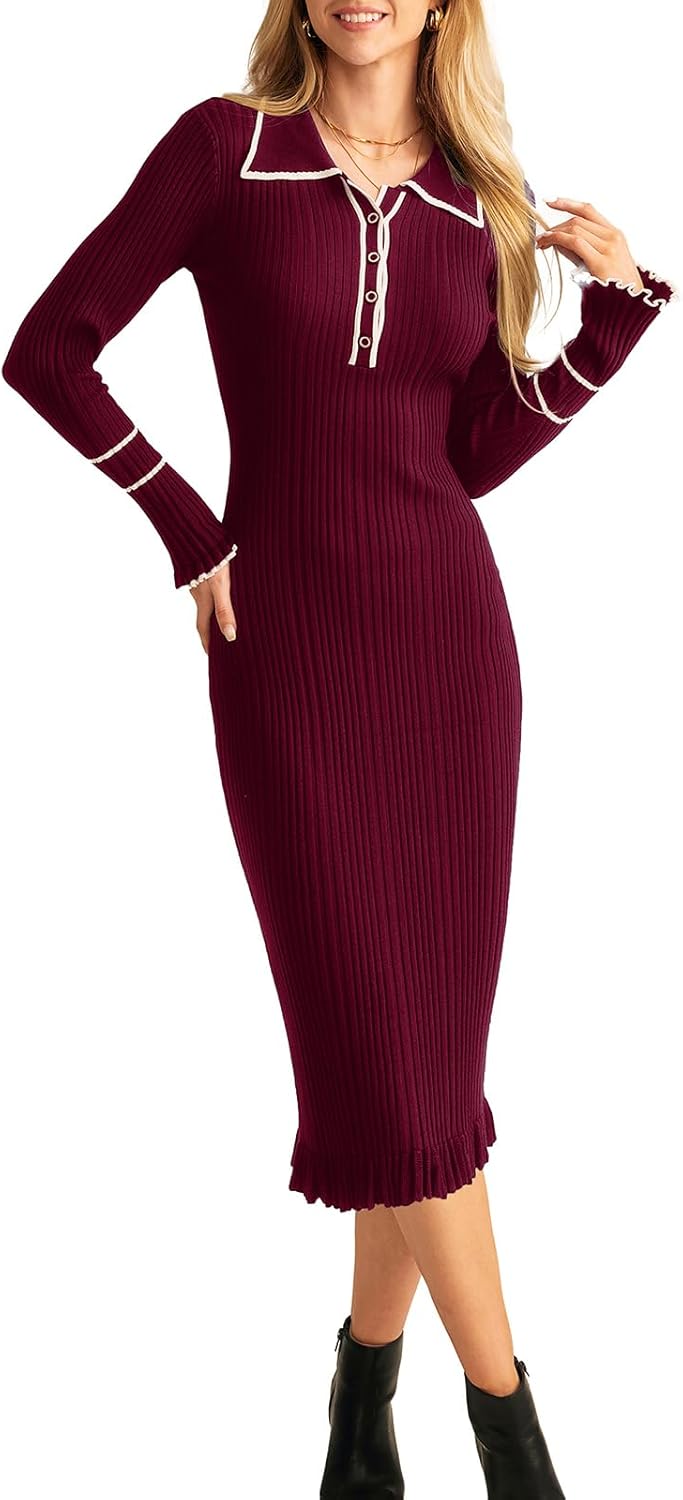 Women's Contrast Color Button Knit Fitted Long Sleeve Sweater Dress