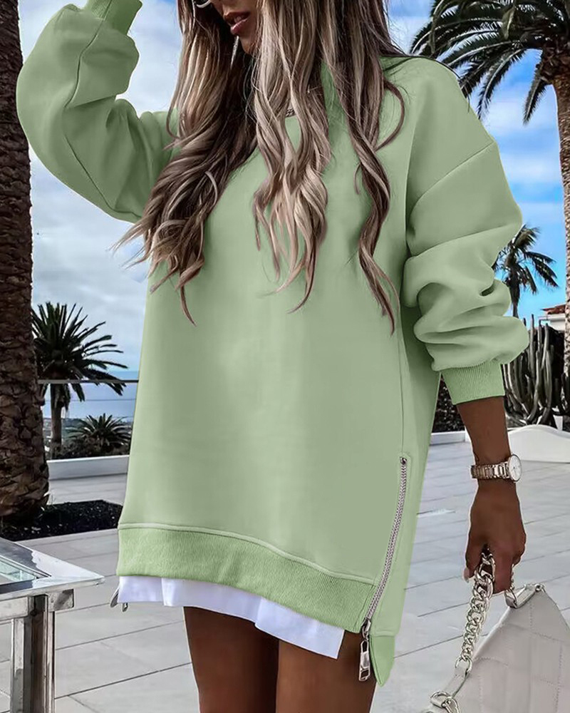 Womens Long Sleeve Pullover Sweatshirt Zipper Slit Casual Dress
