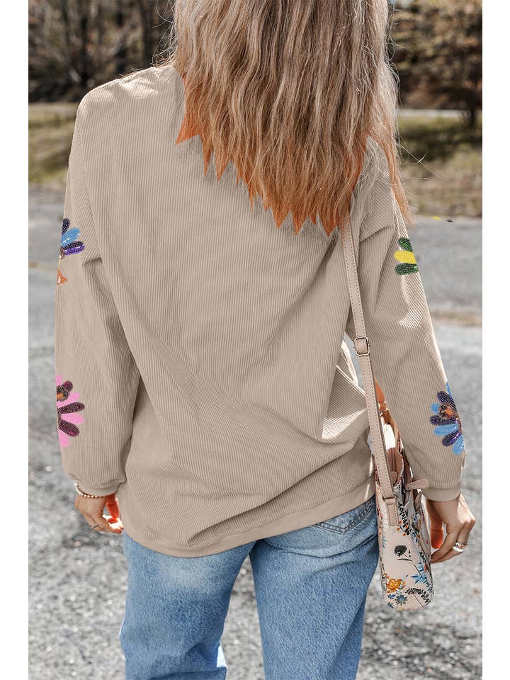 Women's Sequin Turkey Patch Thanksgiving Corduroy Sweatshirt (Buy 2 Free Shipping)