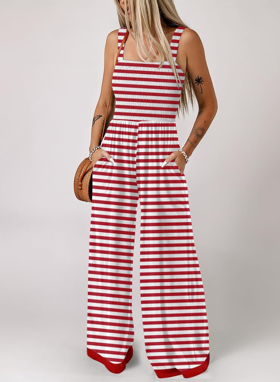 Women's Casual Striped Square Neck Sleeveless Long Pant Rompers with Pockets