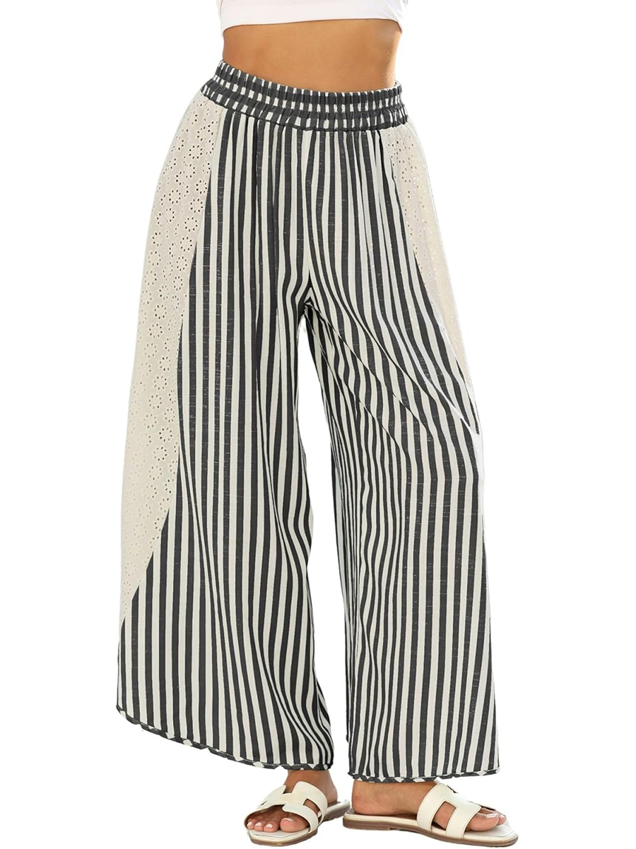 Women's Summer Casual Loose Striped Lace Patchwork Wide Leg Pants