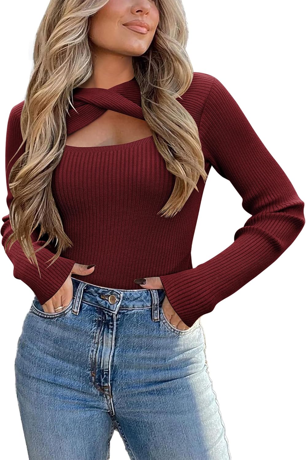 Women's Trendy Long Sleeve Hollow Out Fitted Knitted Pullover Sweaters