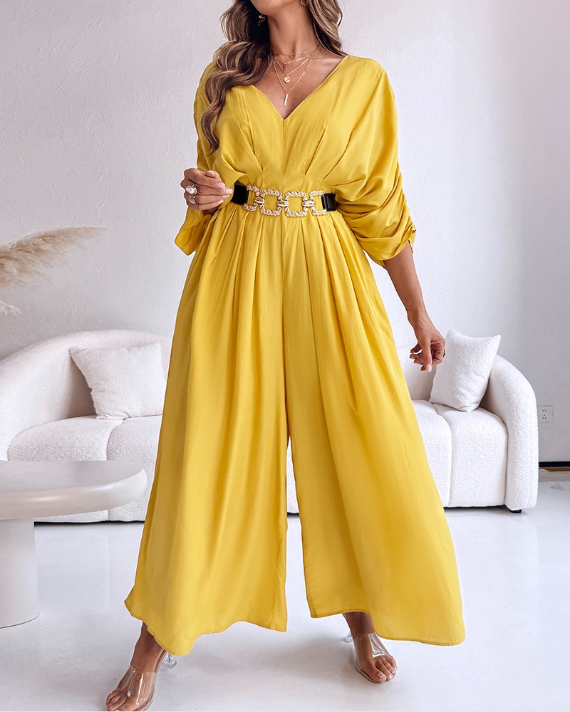 Women's Casual V-Neck Half Sleeve Ruched Jumpsuit