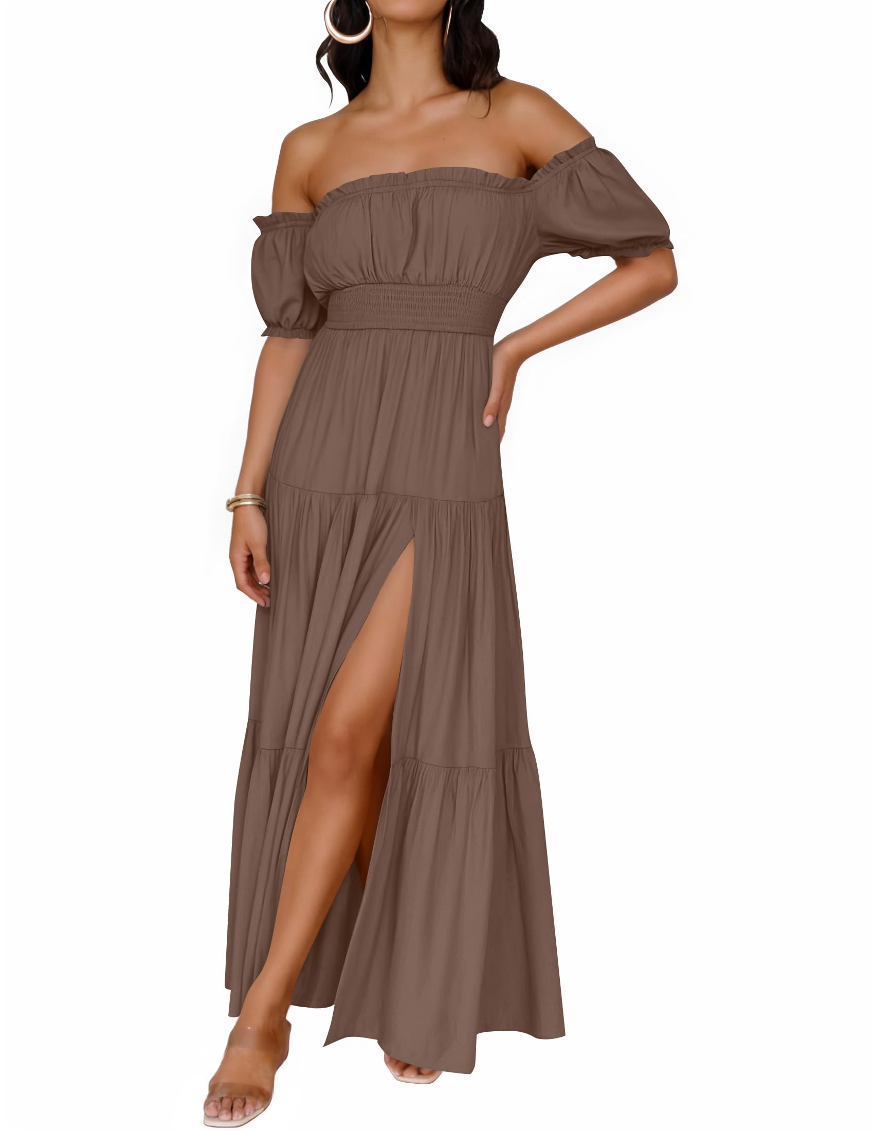 Women's Boho Sexy Off Shoulder Short Sleeve Smocked Flowy Dress