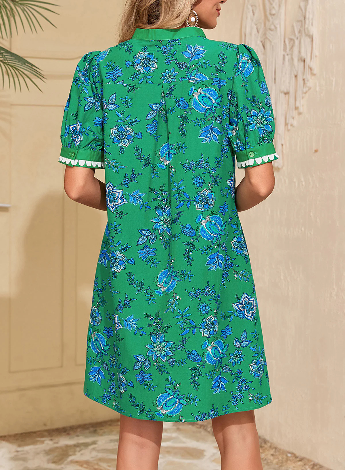 Women's Floral Print V Neck Ricrac Trim Puff Sleeve Dress