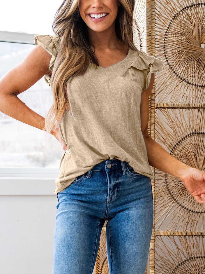 HOT SALE V Neck Flutter Ruffle Smocked Sleeve Top