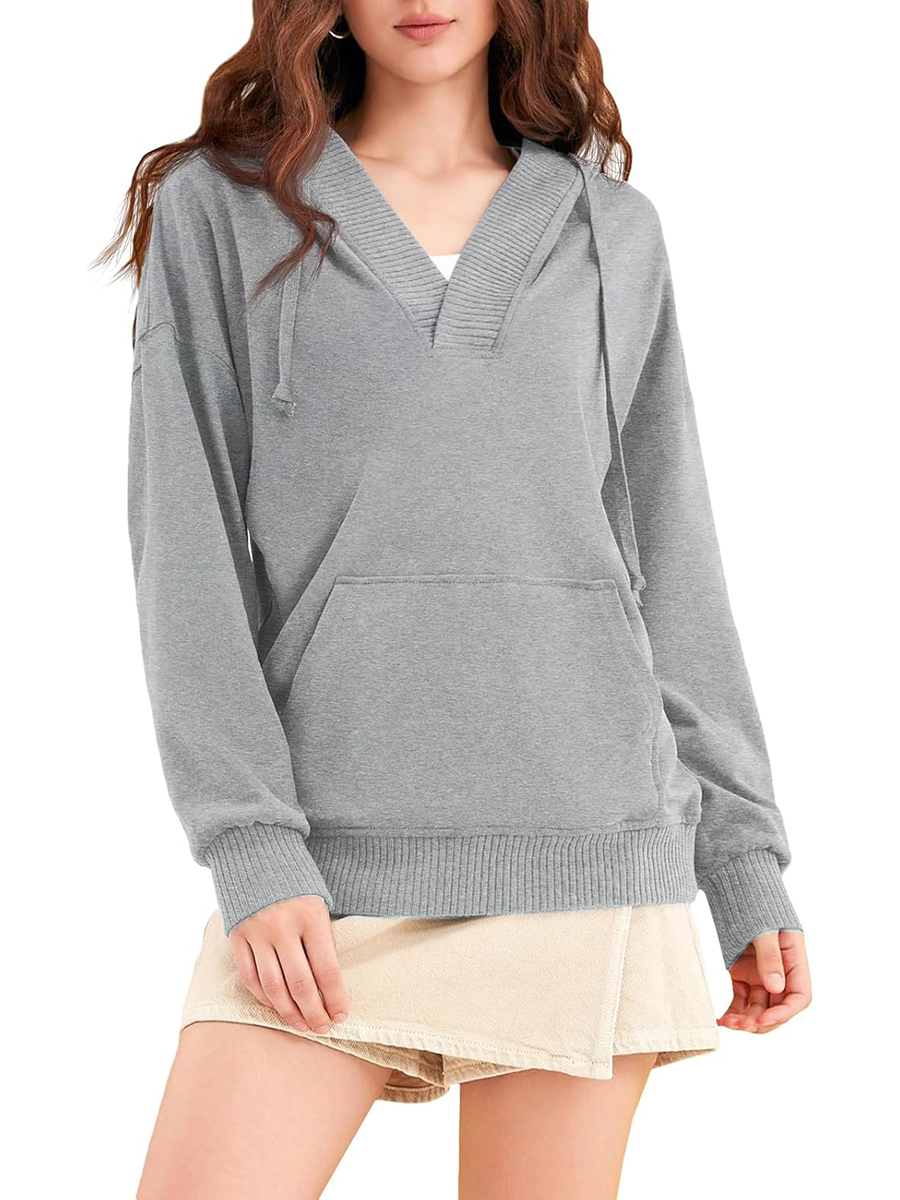 Women‘’s Casual Oversized V Neck Drawsting Hooded Sweatshirts