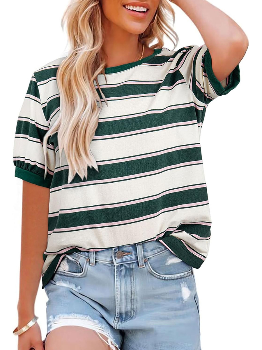 HOT SALE Women's Striped Color Block Short Sleeve T-Shirts Casual Loose Basic Tee