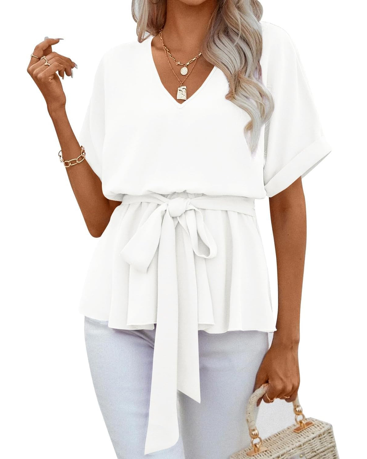 Women's V Neck Belted Ruffle Short Sleeve Blouse Casual T-Shirts