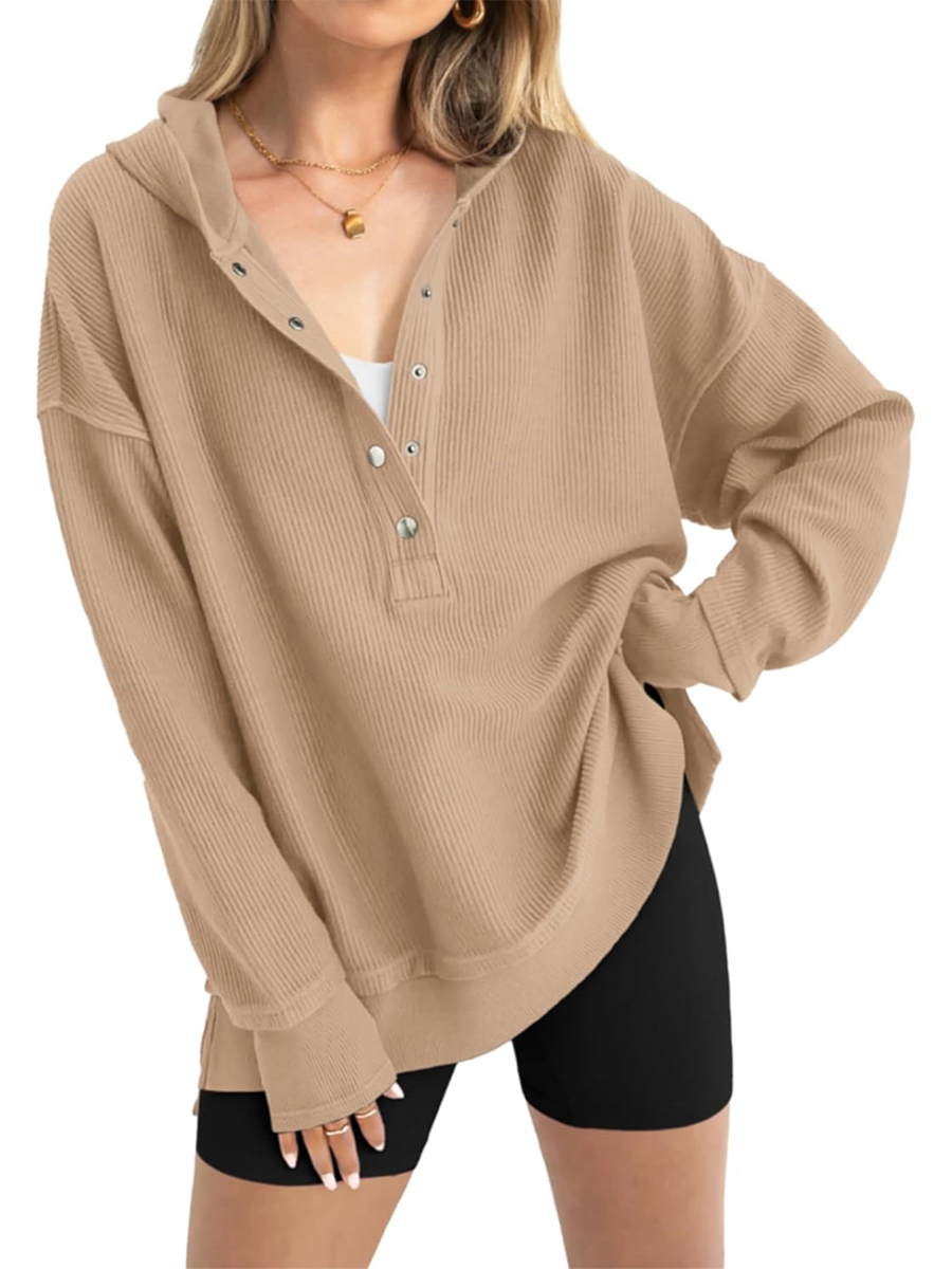 Women's Oversized Button Down V Neck Sweatshirt Side Slit Hoodie