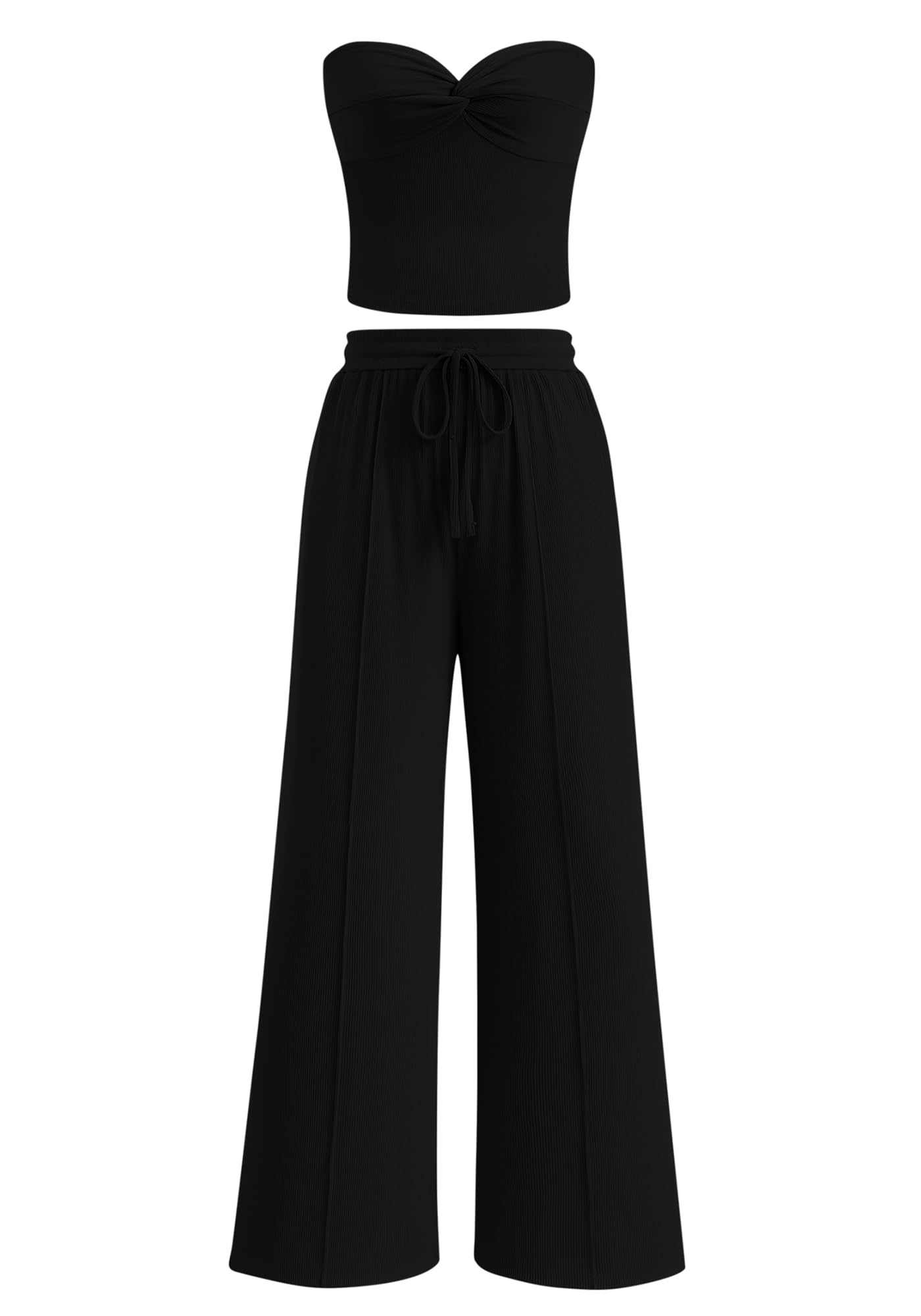 Women's Ribbed Strapless Twist Knot Tube Top Pants Set