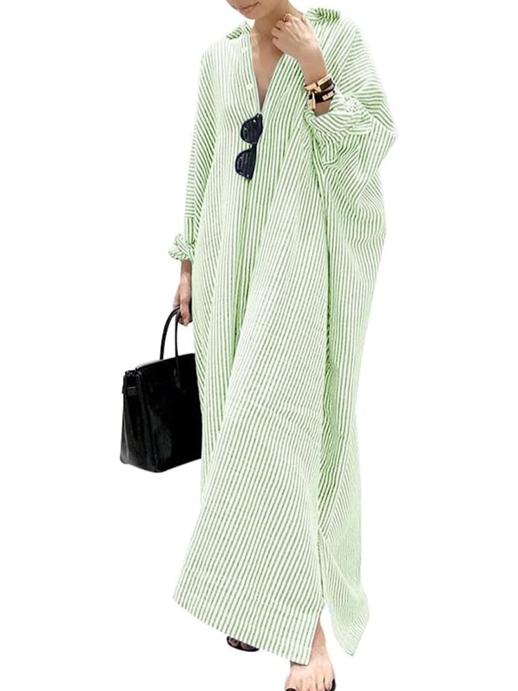 Women's Casual Button Down Loose Striped Cotton Maxi Shirt Dress