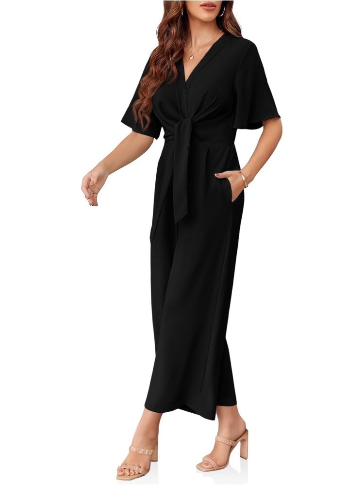 Womens Short Sleeve Tie Knot Front Wide Leg Jumpsuits