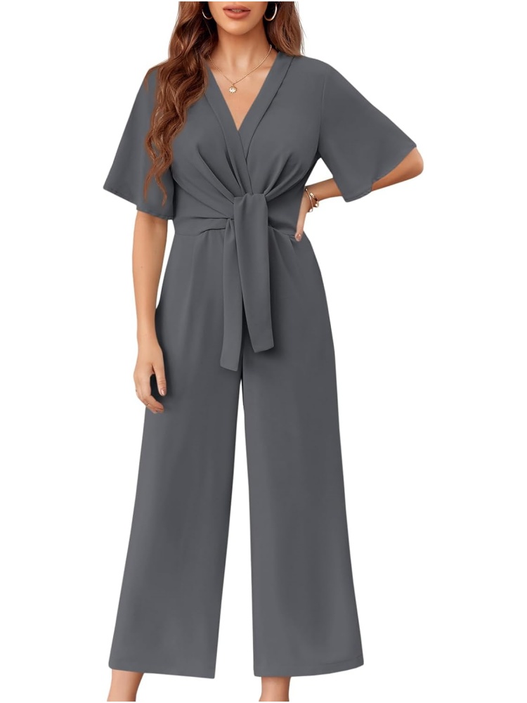 Womens Short Sleeve Tie Knot Front Wide Leg Jumpsuits
