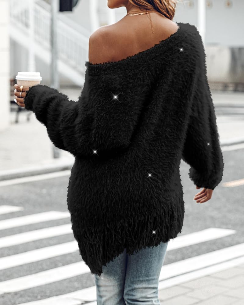 Women's Fluffy Cozy Oversized V-Neck Fringe Sweater