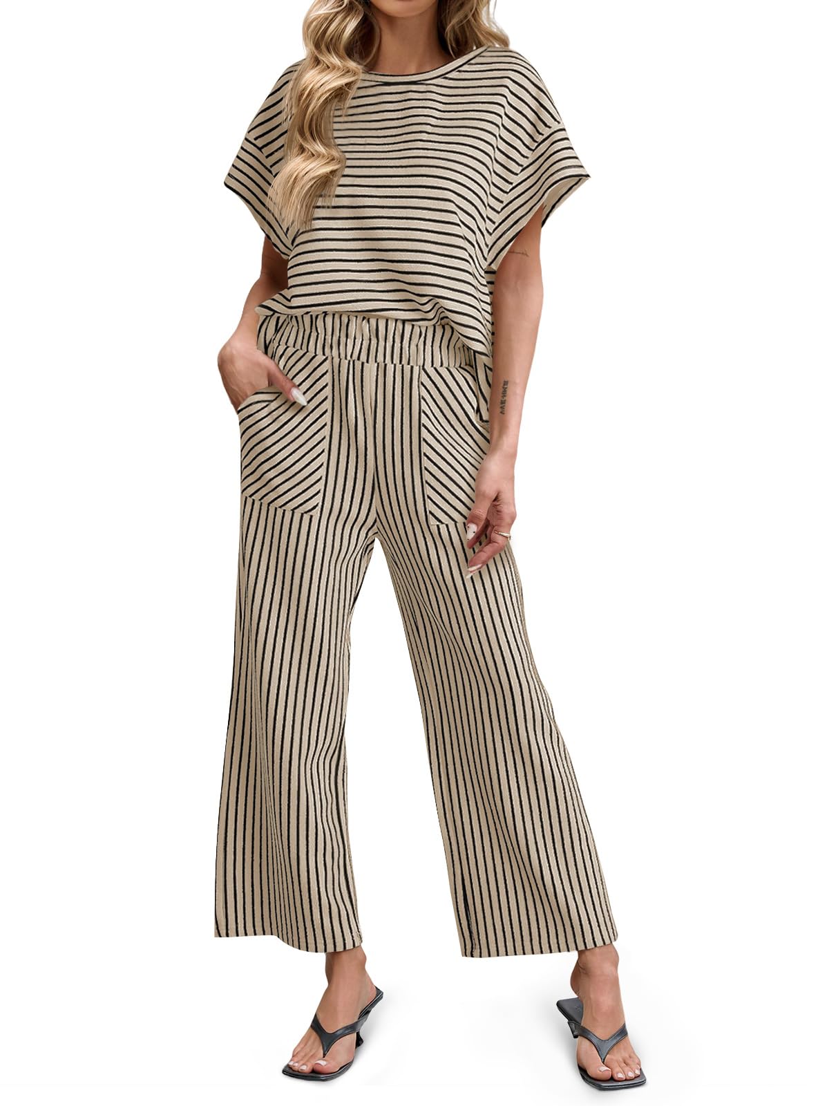 Women's Striped Short Sleeve Wide Leg Pants 2 Piece Sets with Pockets
