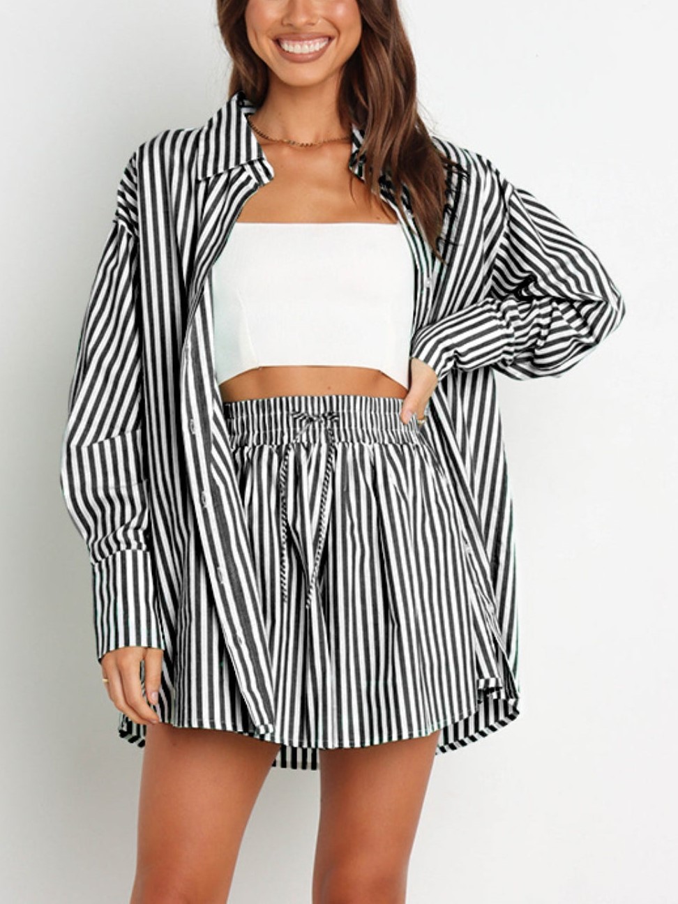 HOT SALE Striped Dropped Shoulder Shirt and Shorts Set