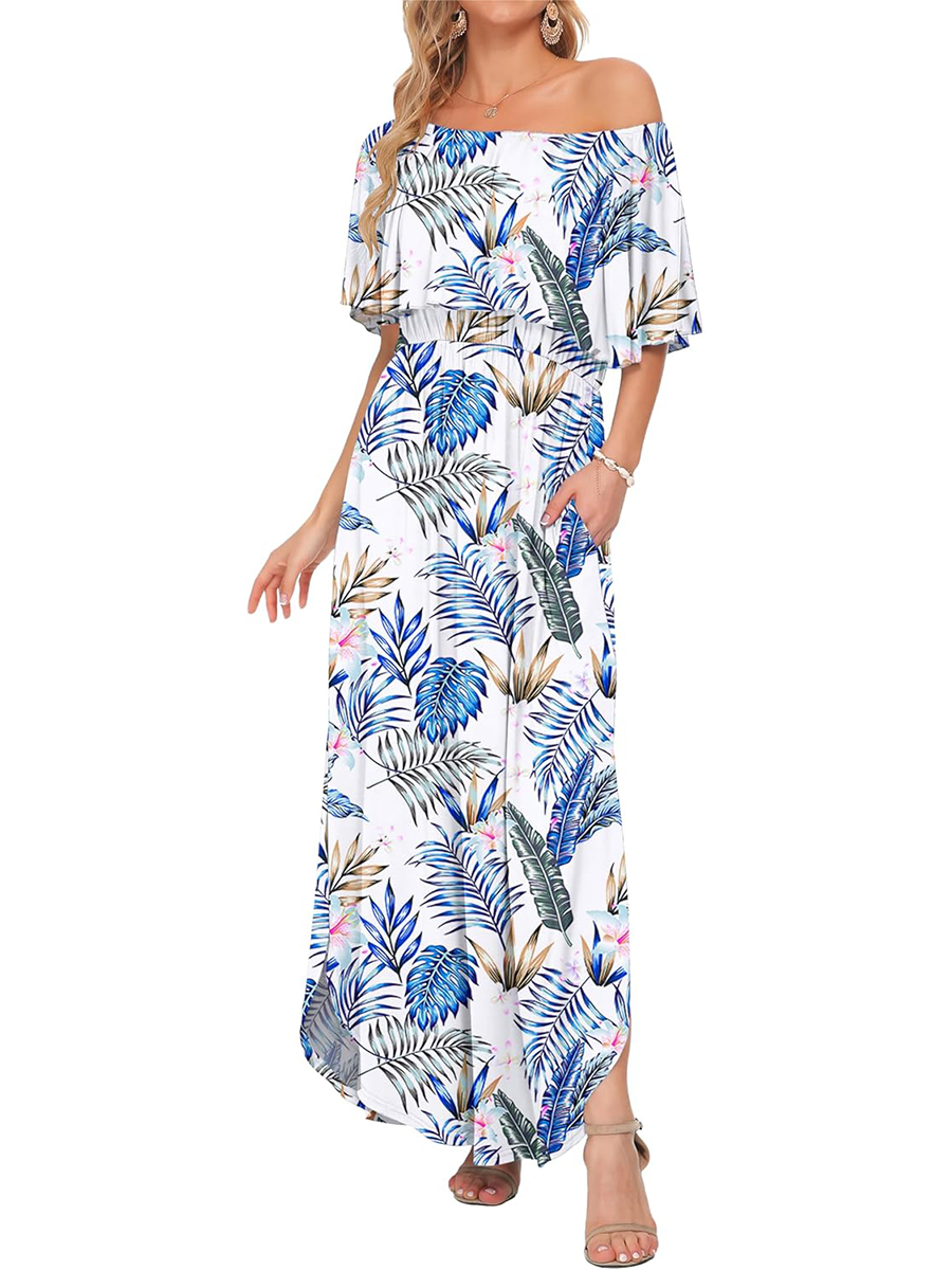 Women's Summer Casual Off Shoulder Ruffle Side Split Maxi Dresses with Pockets