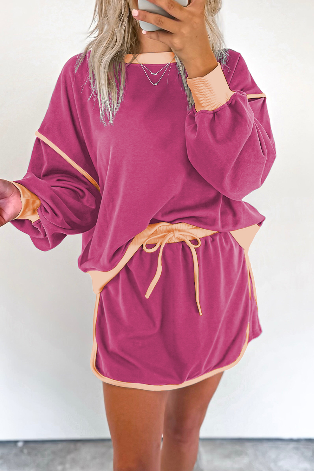 Women's Loose Pullover and Lace-up Waist Skort Set