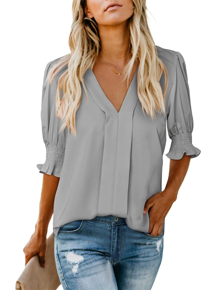 Women's Dressy Casual V Neck  Puff Ruffle Short Sleeve Shirt Tops